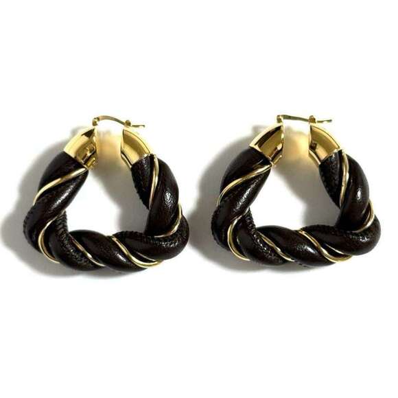 BOTTEGA VENETA Brown Leather Triangle Earrings - Picture 1 of 10